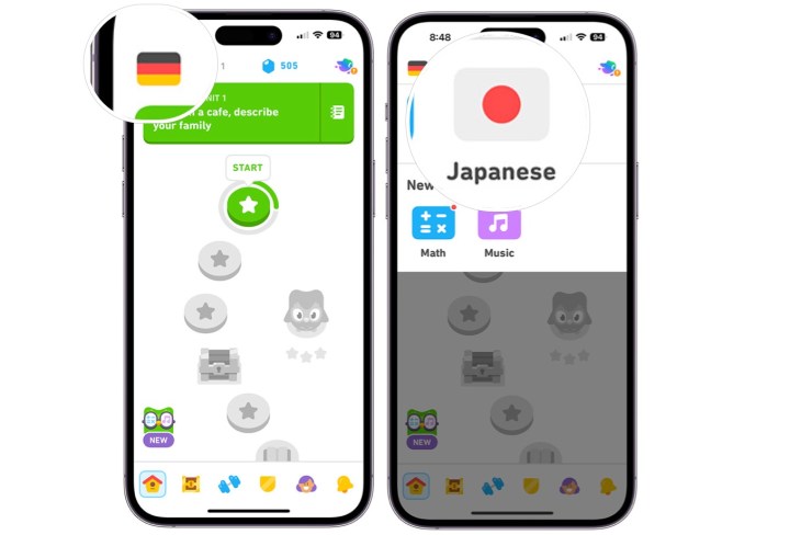 Una captura de pantalla que muestra los pasos necesarios para cambiar de idioma en la aplicación Duolingo. 