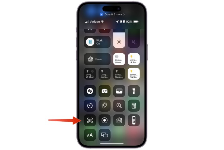 Screenshot showing the QR Code button in the iPhone Control Center.