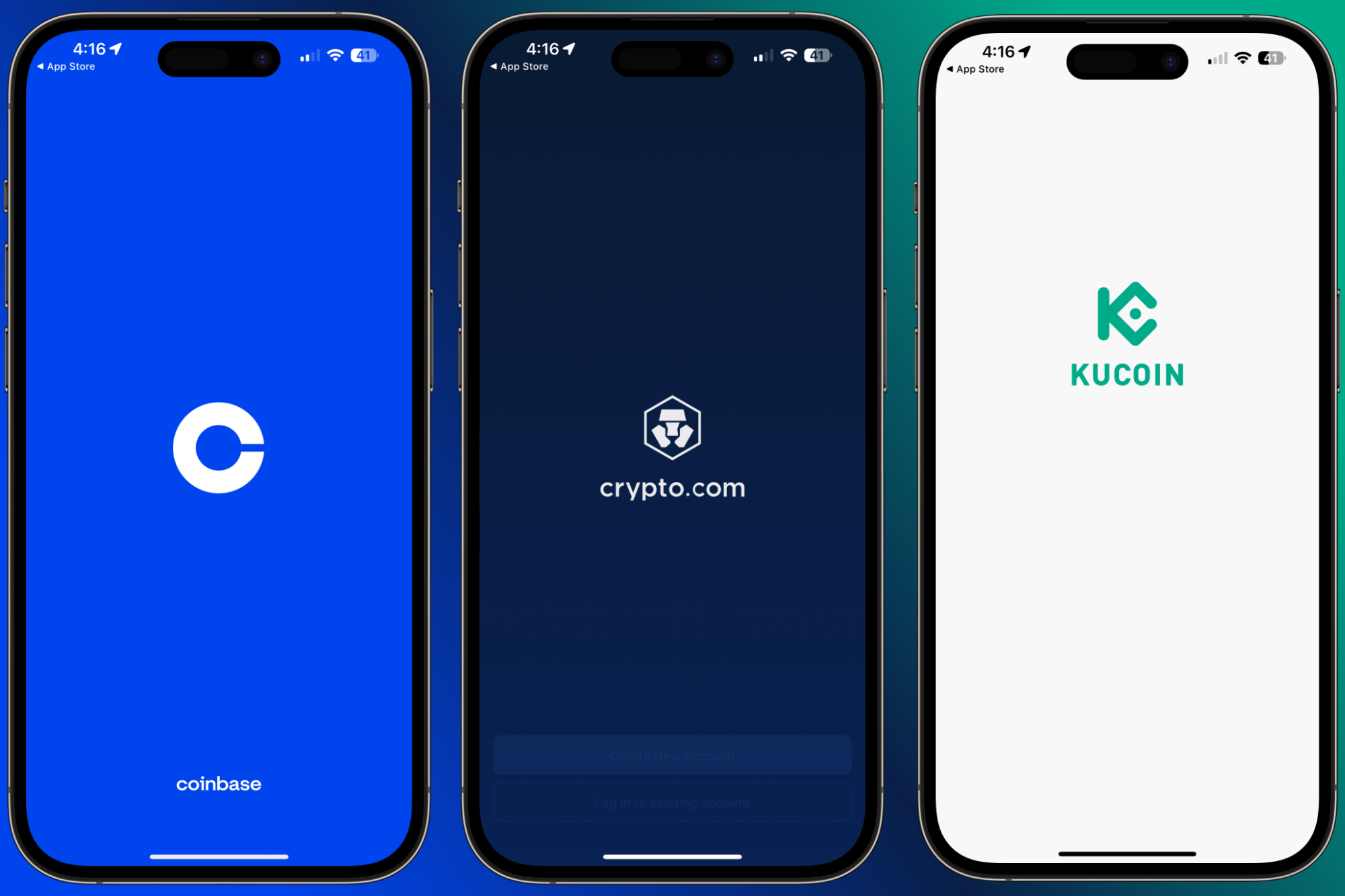 A render of three iPhones, each displaying a different cryptocurrency app.