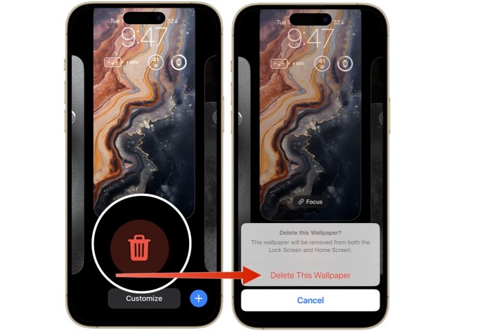 Screenshot showing how to delete a wallpaper on an iPhone.