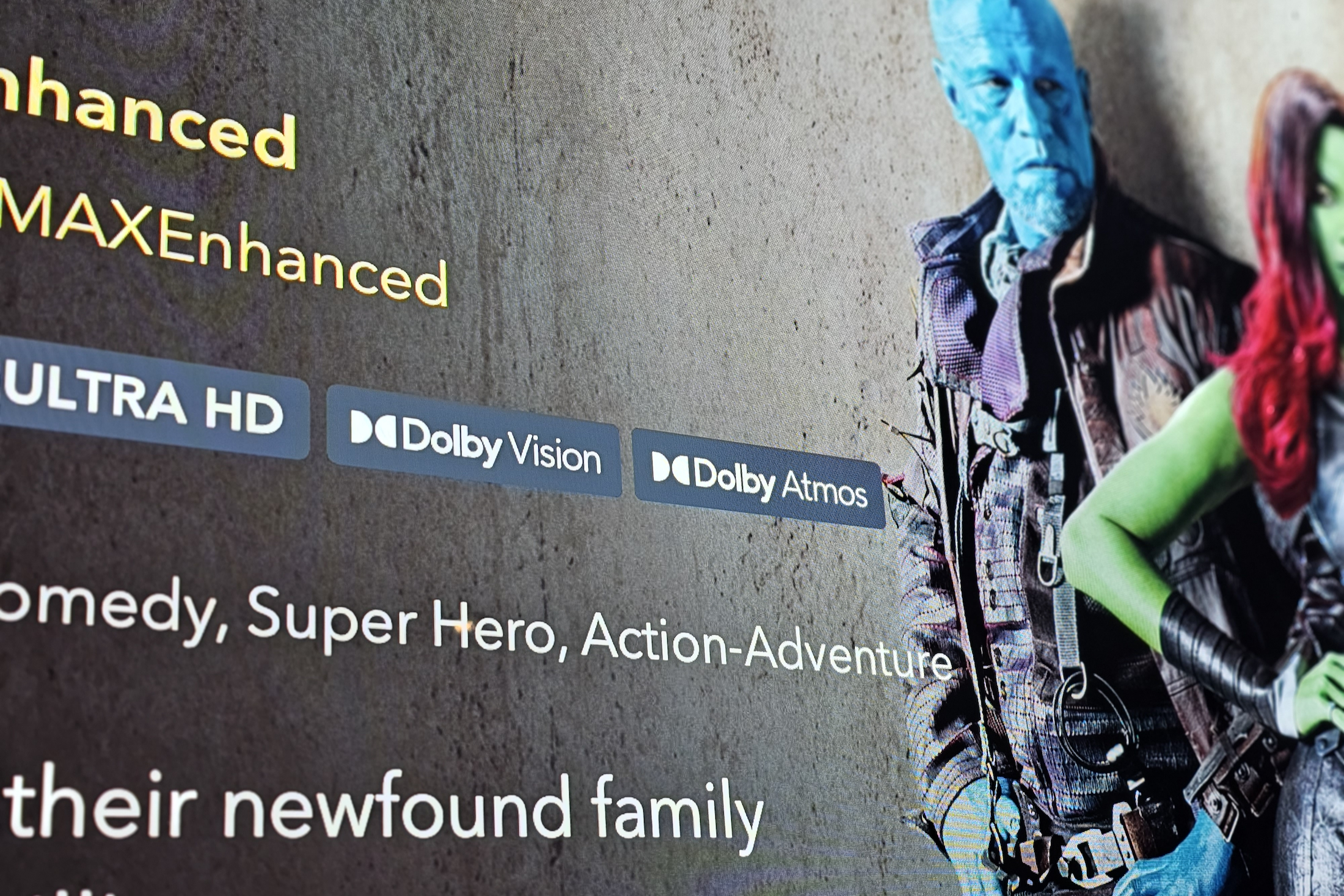 Photo of Disney+ interface showing the info screen from Guardians of the Galaxy Vol. 2, featuring Dolby Vision and Dolby Atmos logos.