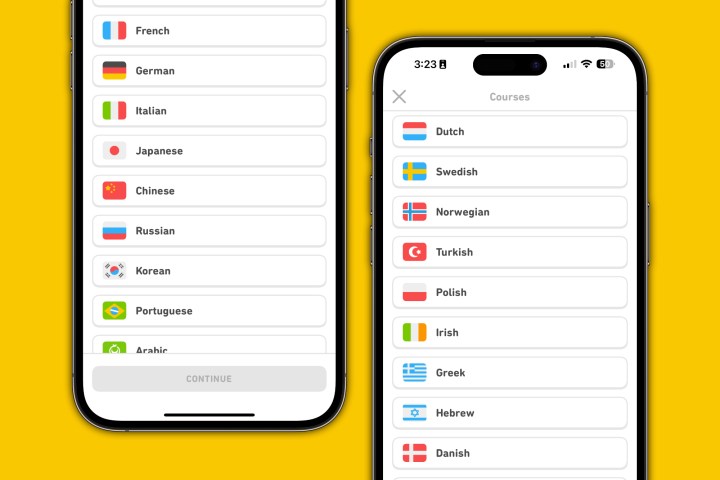 Cursos e idiomas en la aplicación de Duolingo.