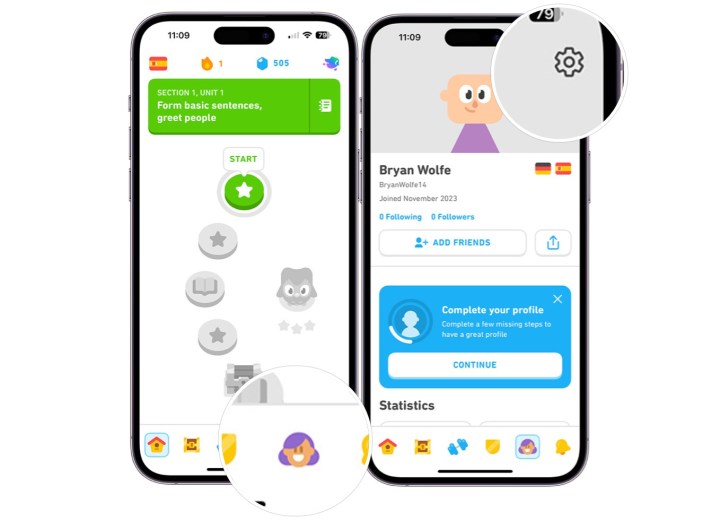Снимок экрана, показывающий, как выбрать «Настройки» в приложении Duolingo на iPhone. 