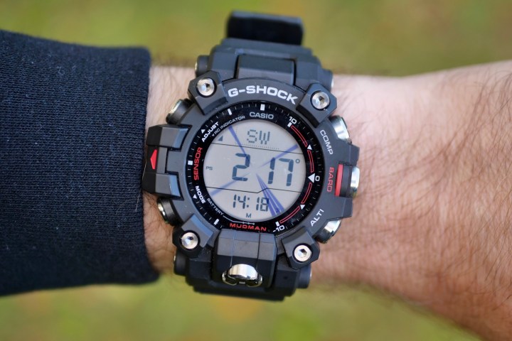 A person wearing the G-Shock GW-9500 Mudman, showing the compass.