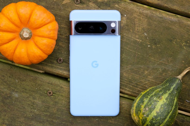 A blue Google Pixel 8 Pro, laying face-down next to a small pumpkin and squash.