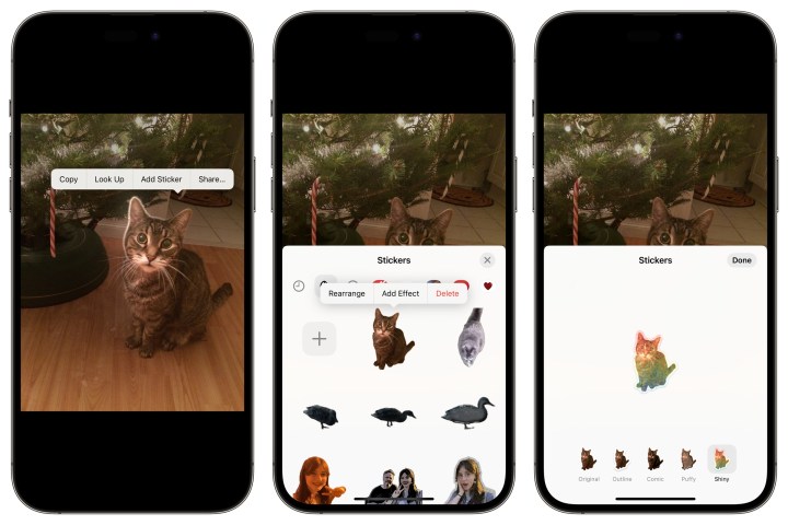 ثلاثة أجهزة iPhone توضح كيفية إنشاء ملصق الرسائل من تطبيق الصور.