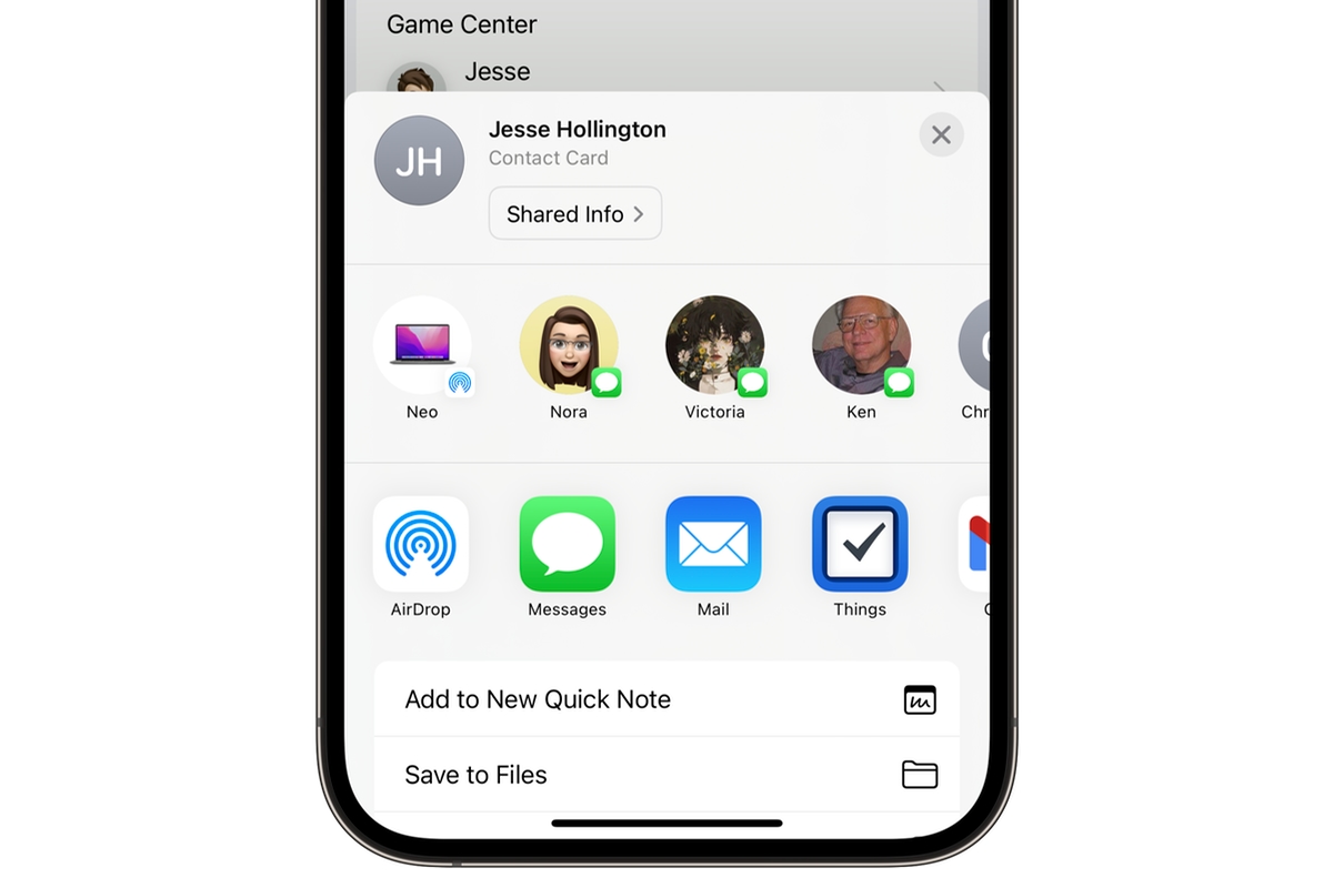 iPhone showing Contact Sharing Sheet.