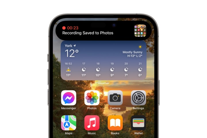 iPhone showing home screen with Screen Recording saved banner.