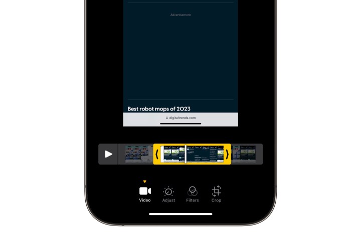 iPhone showing a screen recording being edited in the photos app with trim controls active.