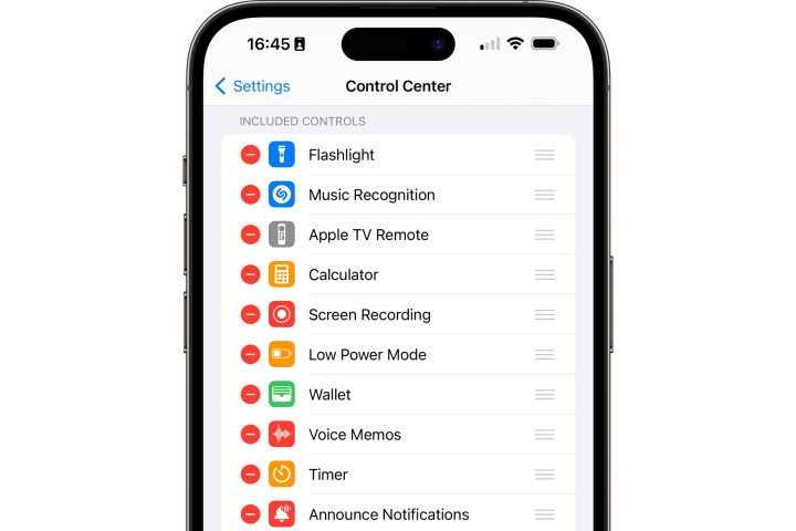 iPhone showing Control Center settings.