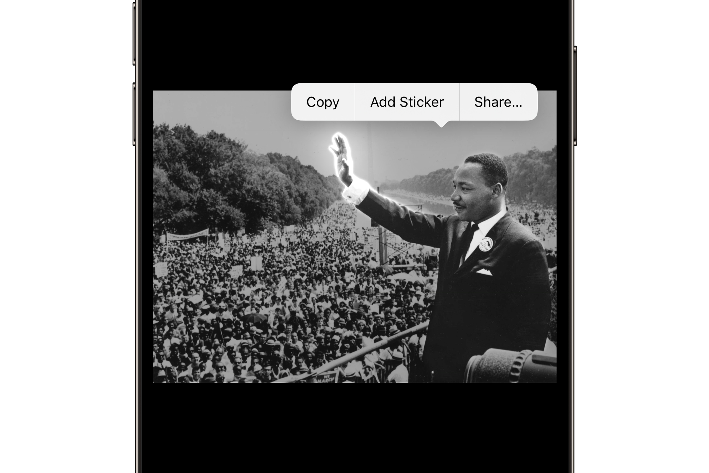 iPhone showing context menu to lift a subject from the background of an old black and white photo. 