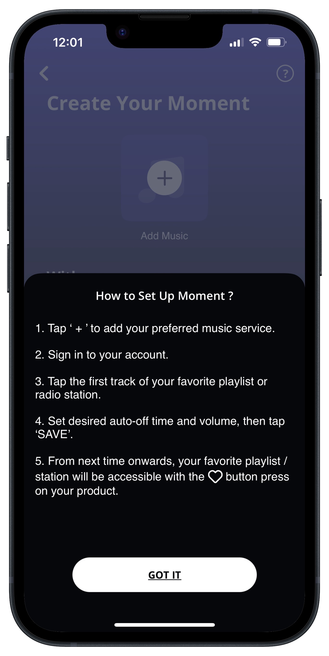 JBL One app for iOS Moments instructions.