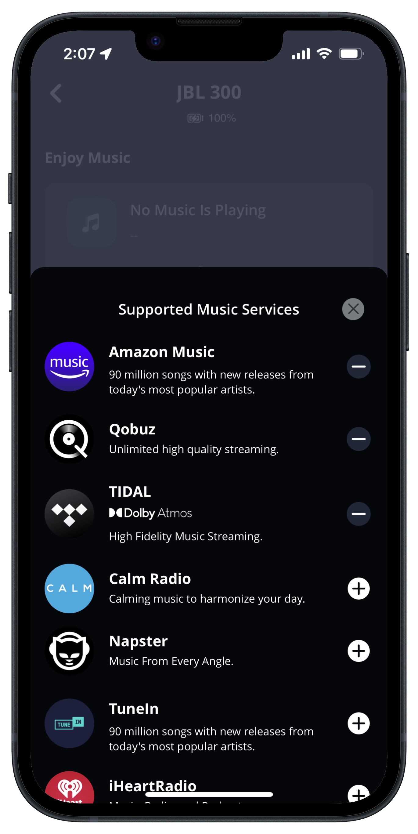 JBL One app for iOS Music service options.