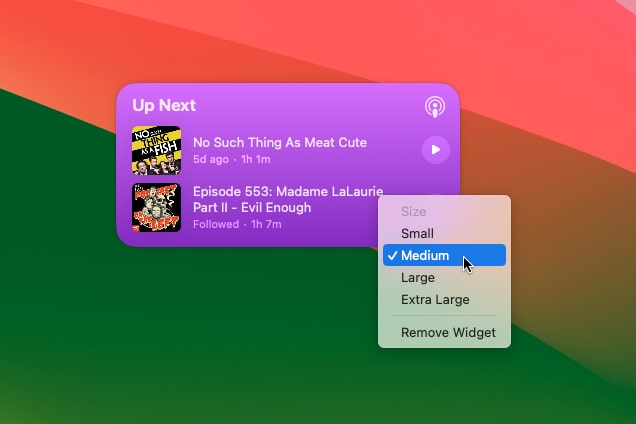 The right-click menu on a desktop widget in macOS Sonoma, letting a user edit the widget's settings.