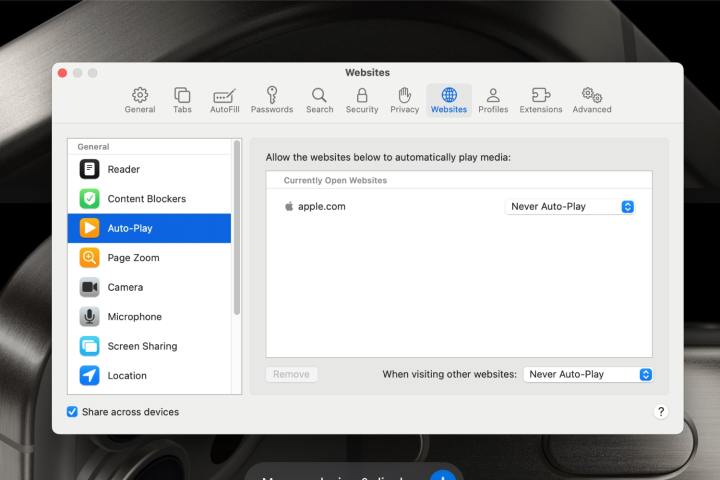 Safari's settings in macOS Sonoma, showing options to block autoplaying videos on websites.