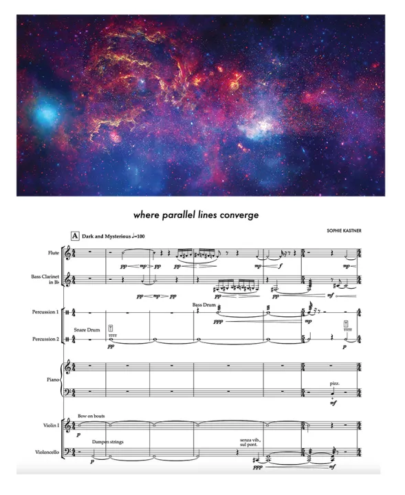 La sonificación del Centro Galáctico, utilizando datos de los telescopios espaciales Chandra, Hubble y Spitzer de la NASA, se ha traducido en una nueva composición con partituras y partituras. Trabajando con un compositor, este paisaje sonoro puede ser interpretado por músicos. 