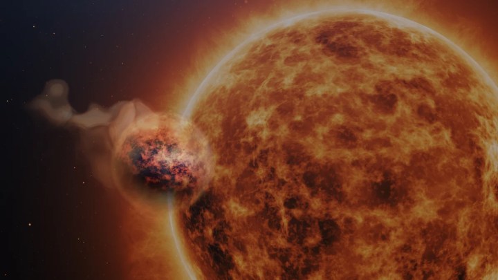 Художественная концепция экзопланеты WASP-107b и ее родительской звезды. Несмотря на то, что довольно холодная родительская звезда излучает относительно небольшую долю фотонов высокой энергии, они могут проникать глубоко в пушистую атмосферу планеты.