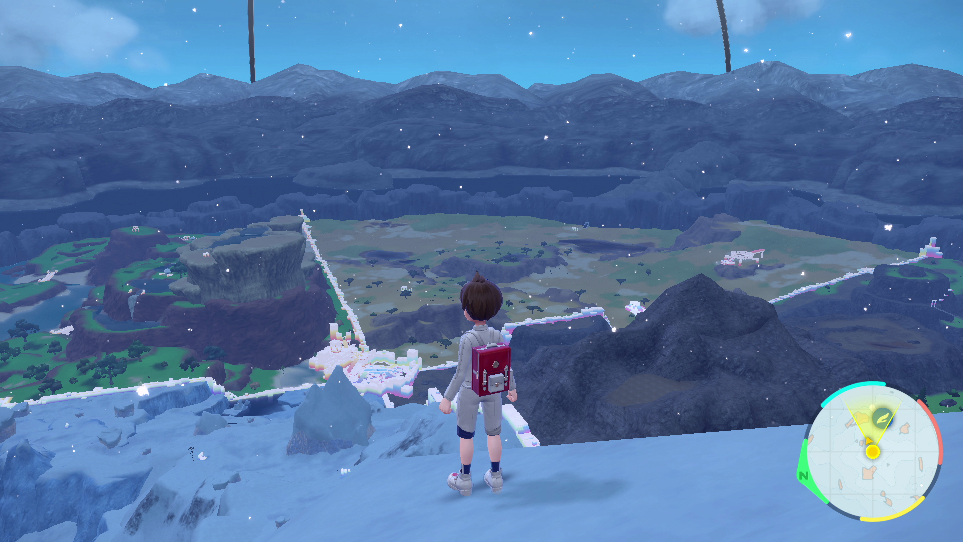 A player looks down at an open-world in Pokemon Scarlet and Violet: The Indigo Disk.
