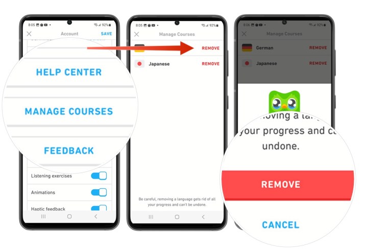 Снимок экрана, показывающий, как удалить язык из приложения Duolingo для Android.