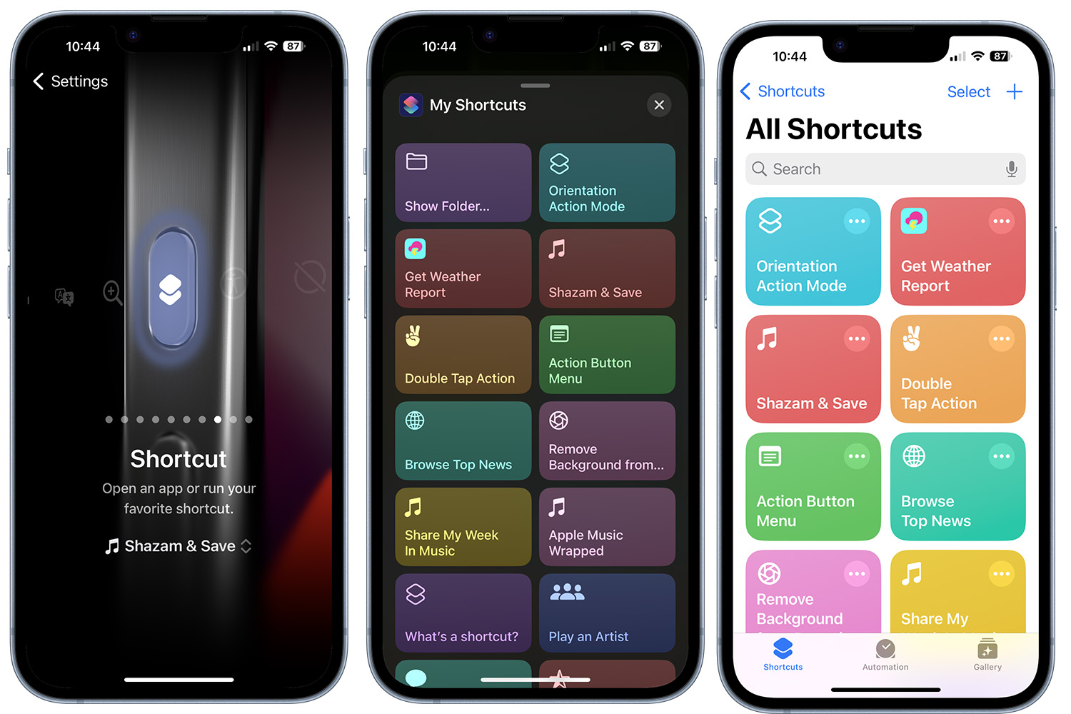 Shazam shortcut for the iPhone 15 Pro Action button.