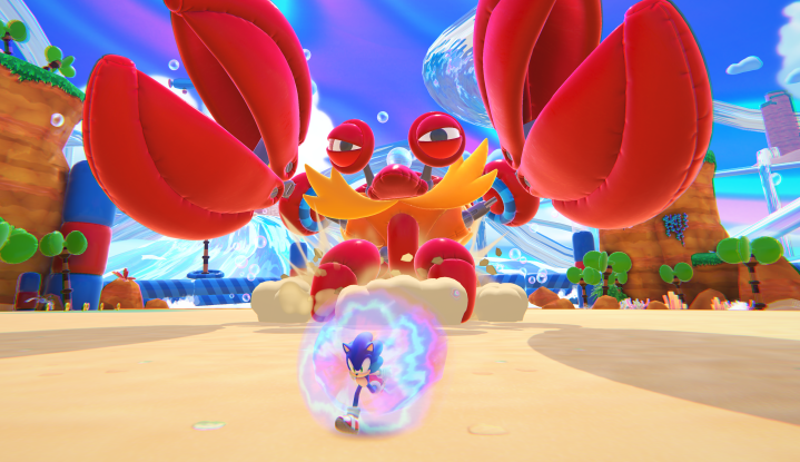 Sonic dashes away from a crab in Sonic Dream Team.