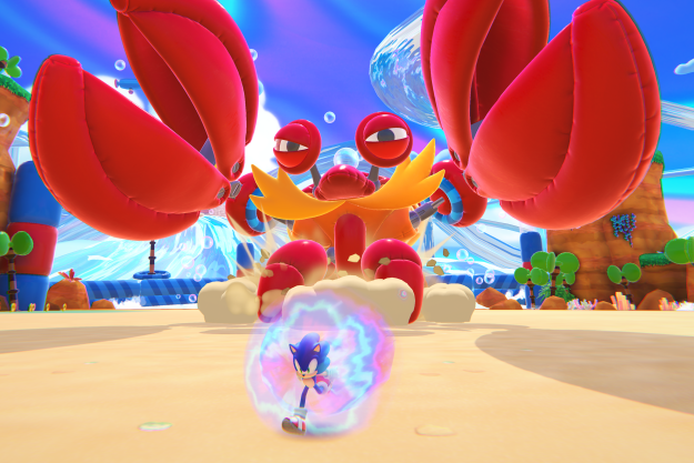 Sonic dashes away from a crab in Sonic Dream Team.