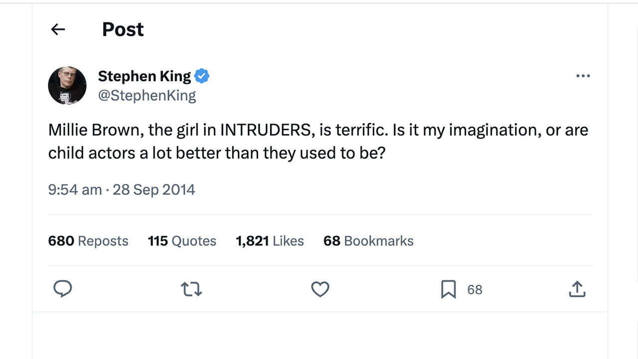 Un tuit de Stephen King sobre Mille Bobby Brown.