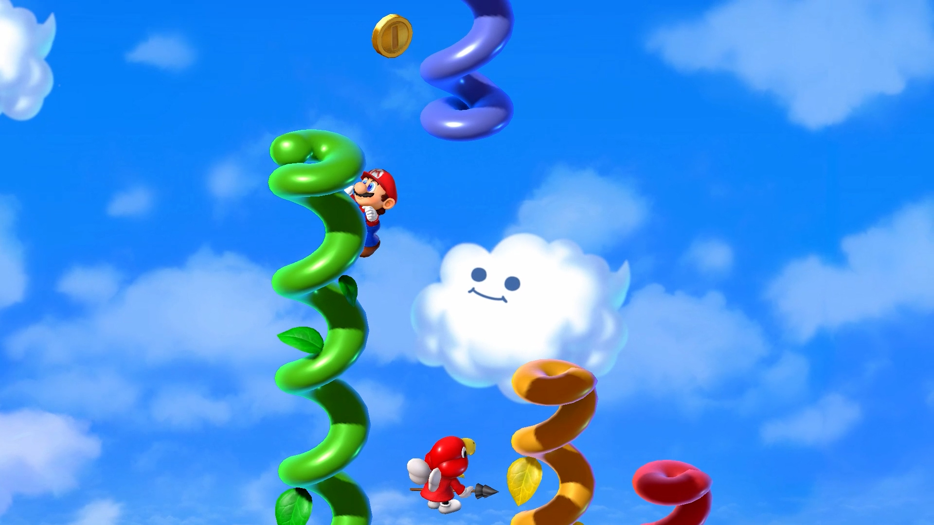 Mario climbs colorful beanstalks in Super Mario RPG.
