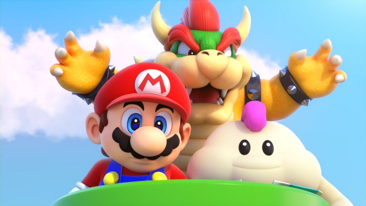 Mario, Mallow, and Bowser sit in a clown car in Super Mario RPG.