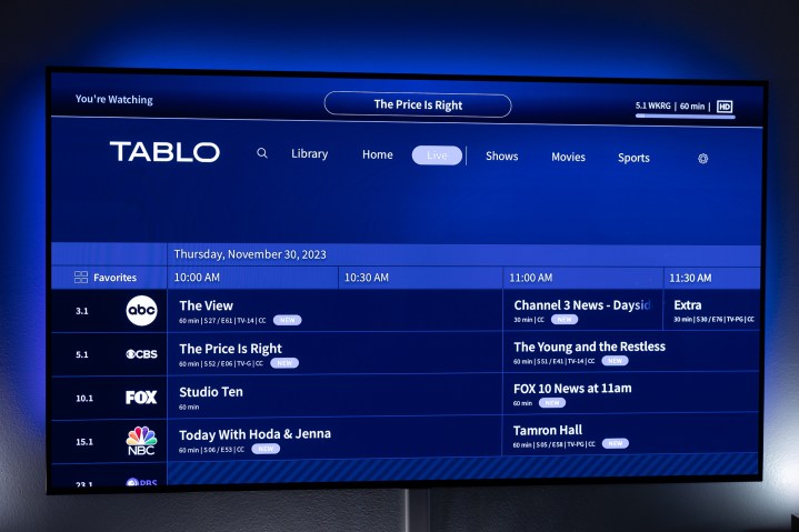 The Tablo live guide as seen on a TV.