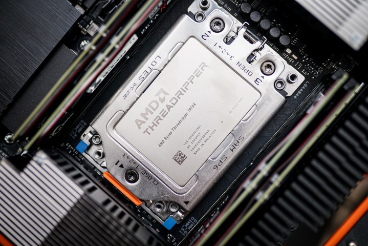 The Threadripper 7970X CPU installed in a motherboard.