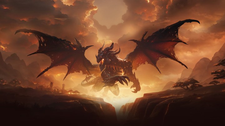 A dragon flies through the sky in World of Warcraft Catclysm Classic.