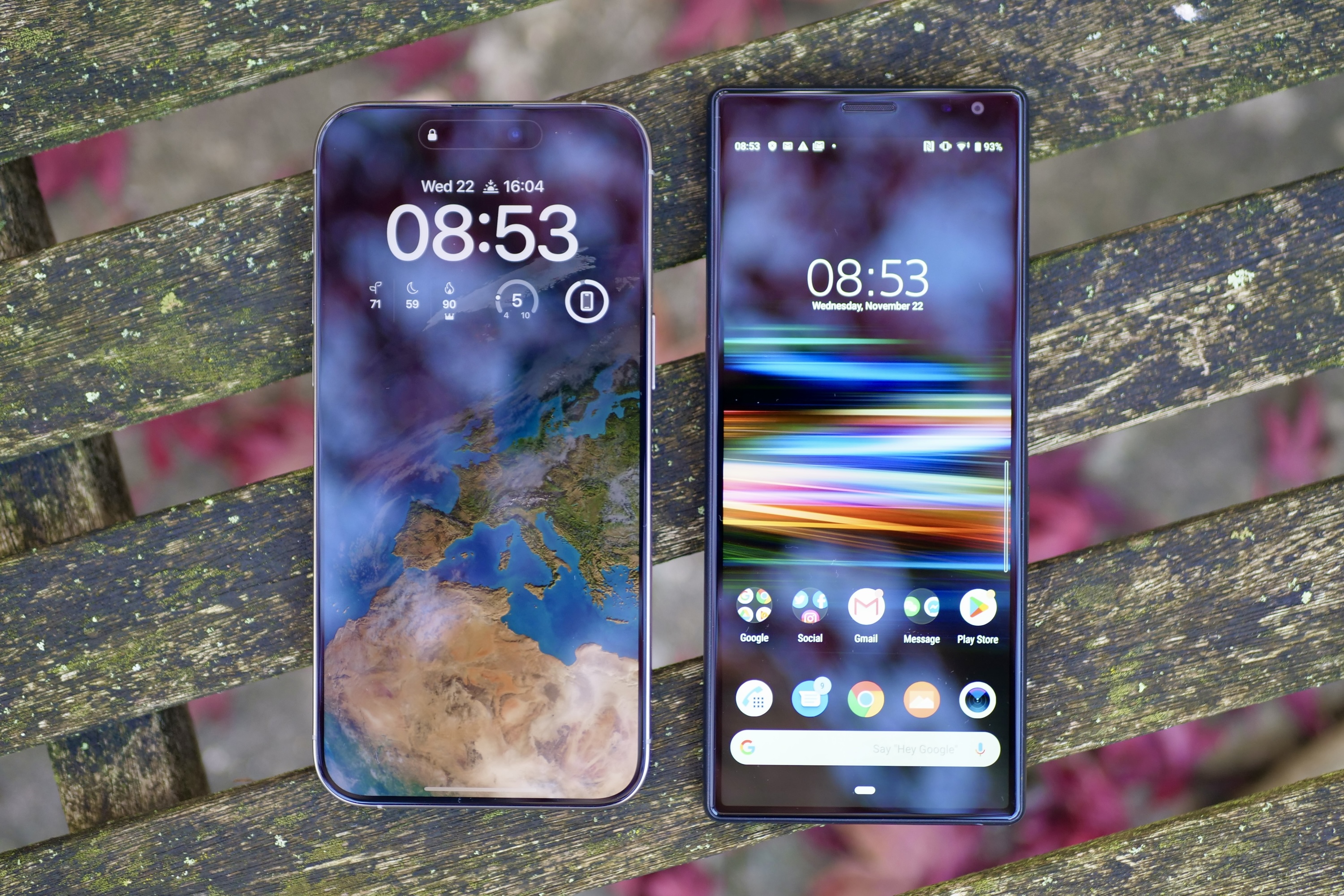 The Sony Xperia 10 Plus with the Apple iPhone 15 Pro Max.