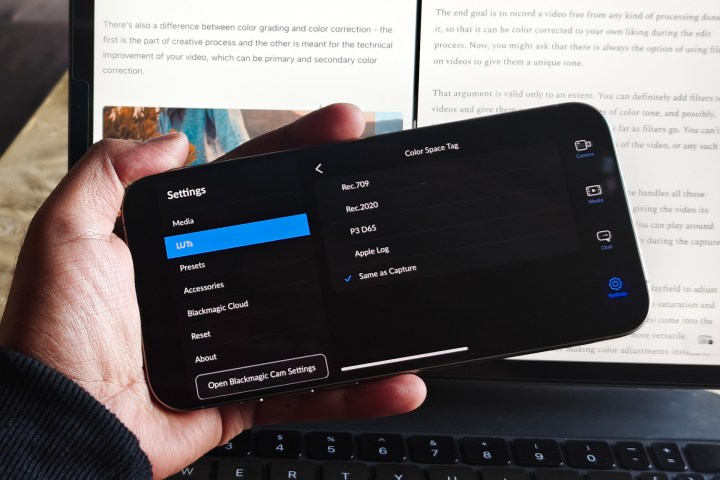 Selecting LUT options in Black Magic Camera app on iPhone.