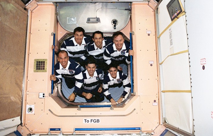 The crew of STS-88, the first shuttle mission to the International Space Station in 1998.