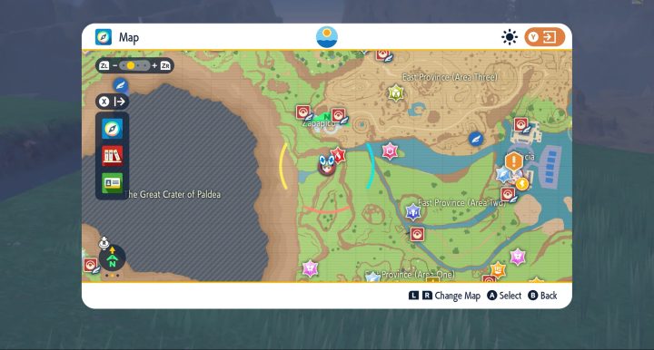 Una mappa di Paldea in Pokémon Scarlet e Violetta.