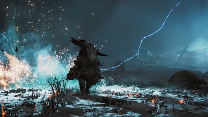 A monster hunter dodging lightning.