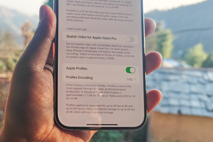 Enabling ProRES Log capture on iPhone 15 Pro.