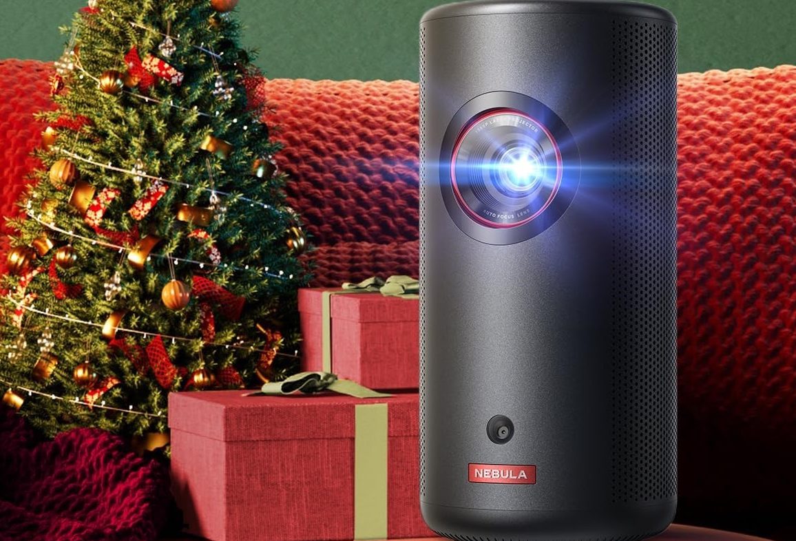 The Anker Nebula Capsule 3 Laser smart projector with Christmas decorations.