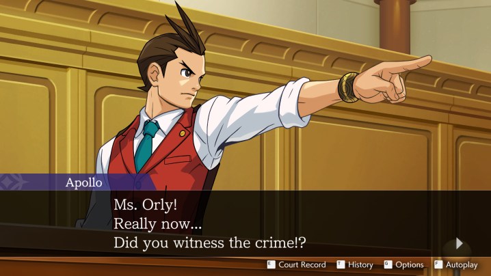 Gameplay from the remastered version of Apollo Justice: Ace Attorney 