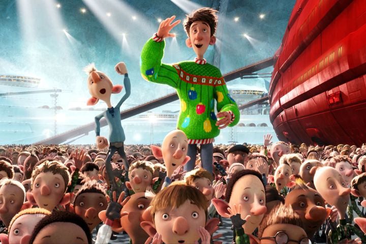 Arthur standing in the middle of many elves in Arthur Christmas