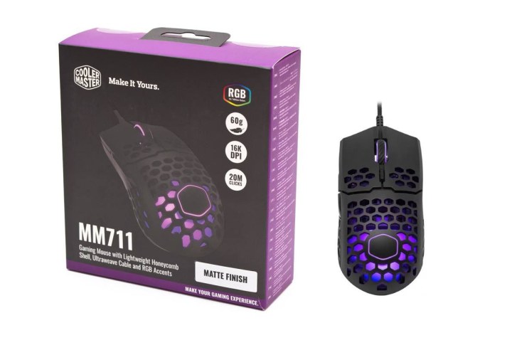 The Cooler Master MM711 lightweight gaming mouse with product box.