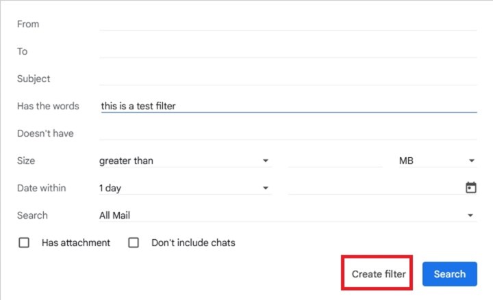 Creating a filter in Gmail.