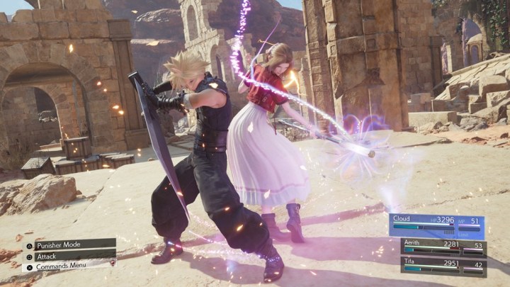 Cloud and Aerith charging up an attack.