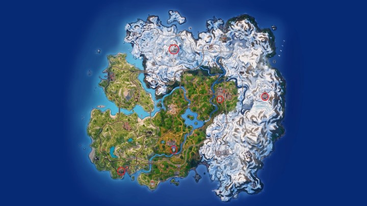 A map showing bench locations in Fortnite.