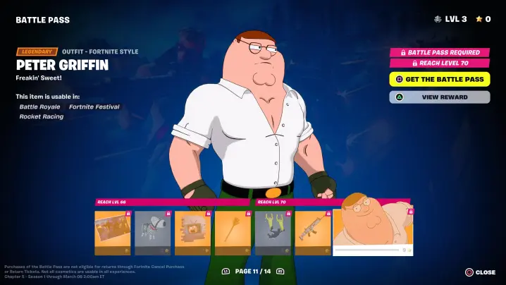 Peter Griffin en el Pase de batalla de la temporada 1 del Capítulo 5