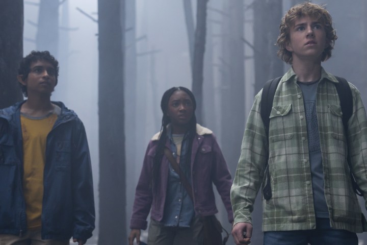 Percy Jackson ve Olimpiyatçılar'da Kıvırcık, Annabeth ve Percy ormanda birlikte duruyorlar.