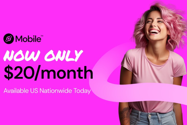 Helium Mobile $20/month plan banner showing a happy woman against a pink background.