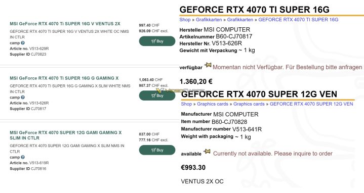 Leaked retailer listing of upcoming MSI RTX 40 Super GPUs.