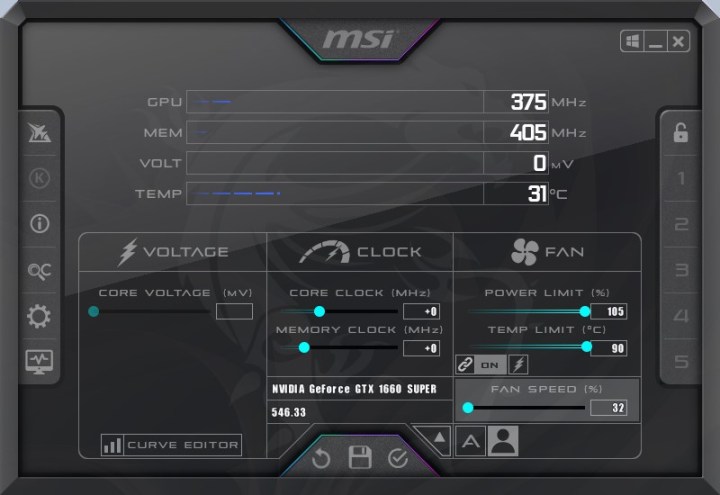 اسکرین شات MSI Afterburner که برای افزایش محدودیت توان GPU استفاده می شود.